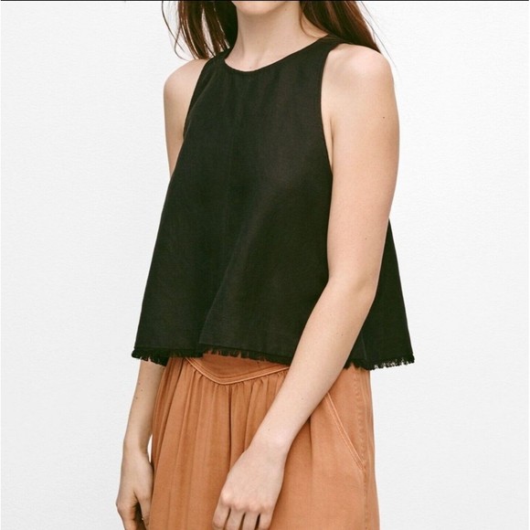 Aritzia Wilfred Black Octave Linen Tank Top Crop Blouse Fray Raw Hem Keyhole XXS - Picture 2 of 12